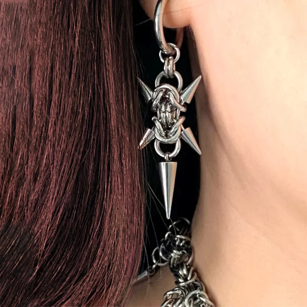 Gothic Punk Y2K Stainless Steel Spike Hoops Piercing Long Dangle Earrings