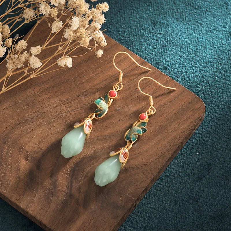 925 Sterling Silver Lotus Flower Jade Stone Drop Earrings