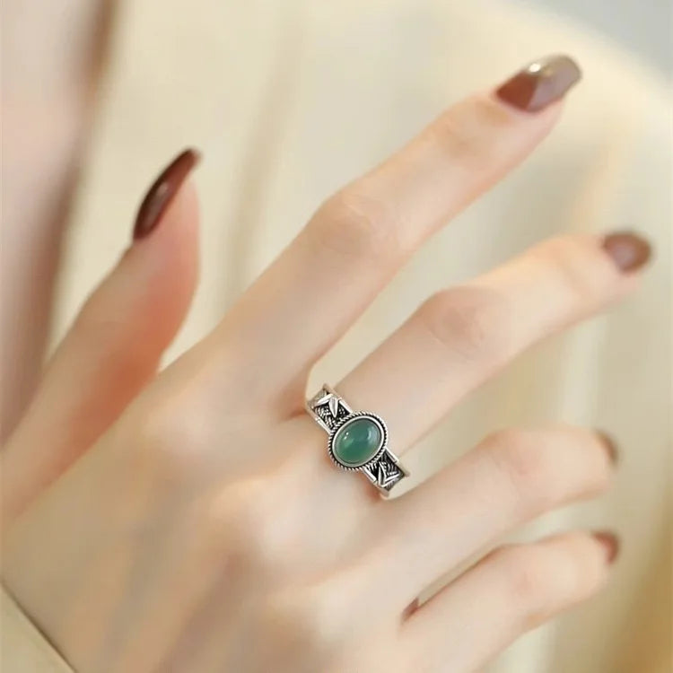 925 Sterling Silver Adjustable Green Stone Ring