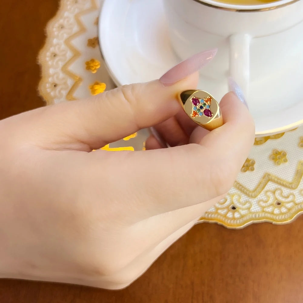 Gold Plated Colorful Stamp Ring in 925 Sterling Silver with Zircon Stones