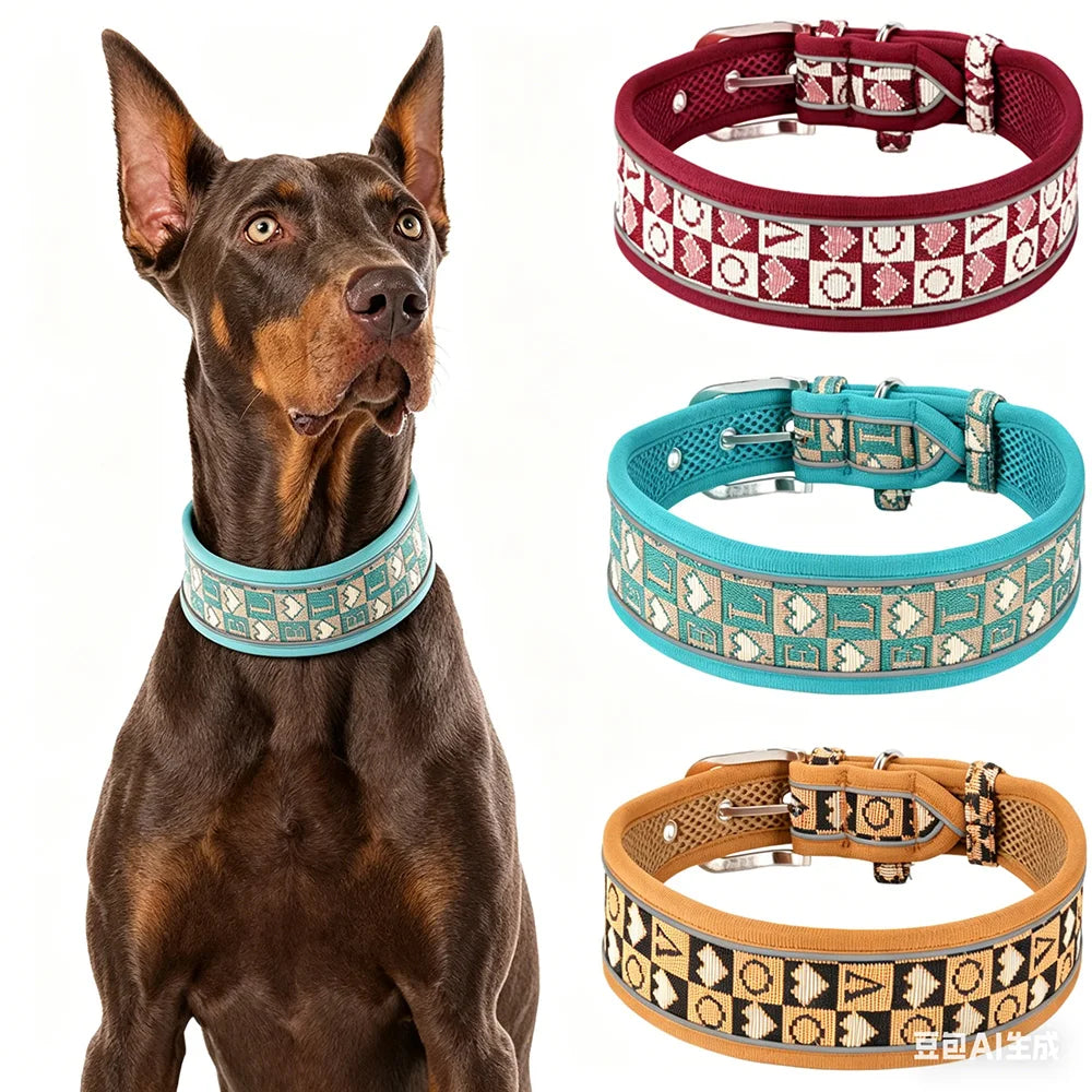 Wide Thick Reflective Mesh Fabric Breathable Dog Collar - No Neck Pressure, Non-Restrictive, Cool