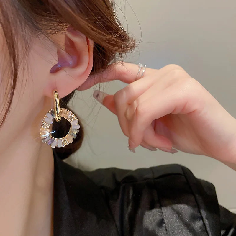 Elegant Colorful Zircon Circle Drop Alloy Earrings - Can Be Worn Separately