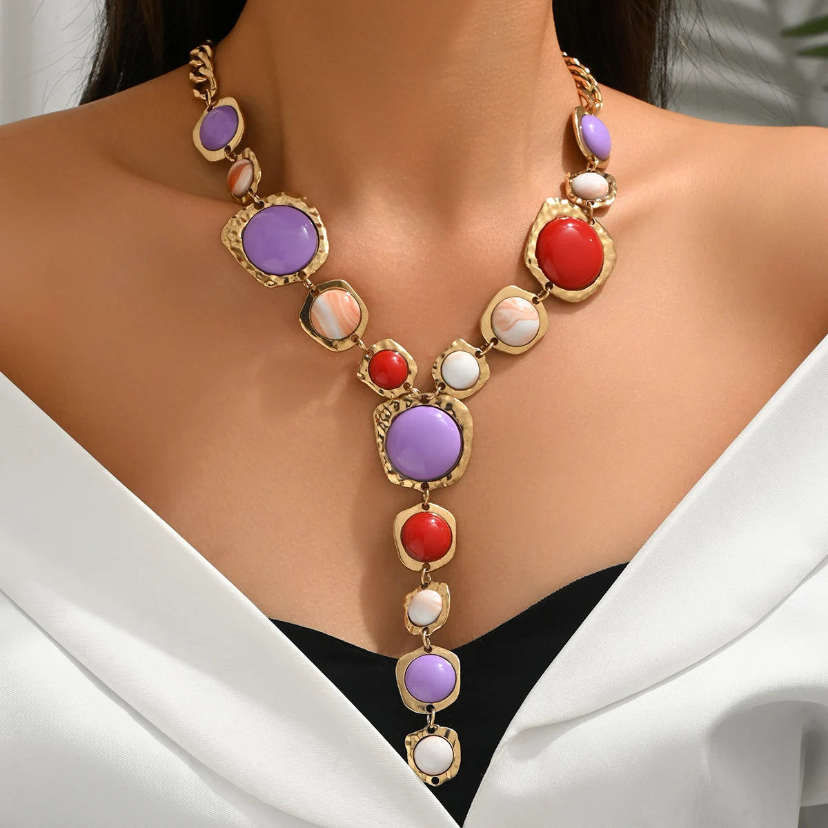 Bold Statement Resin Stone Zinc Alloy Necklace - Oversized, Multicolor, Boho, Trendy