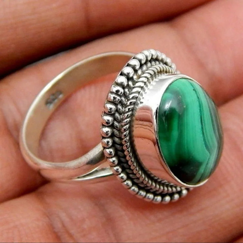 Oval Large Malachite Stone Silver-Plated Copper Ring - Bold, Statement Piece