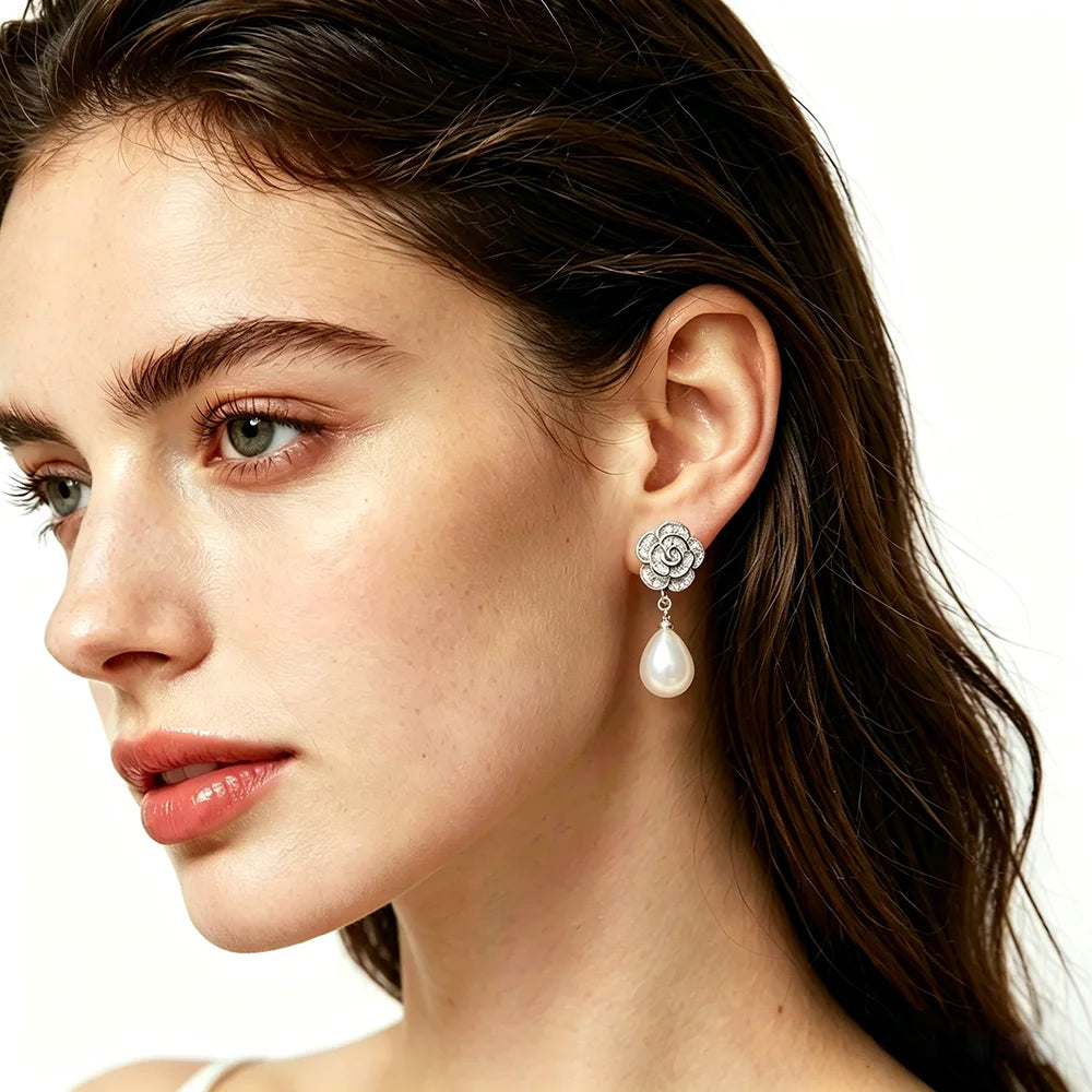 925 Sterling Silver Freshwater Pearl CZ Flower Drop Earrings
