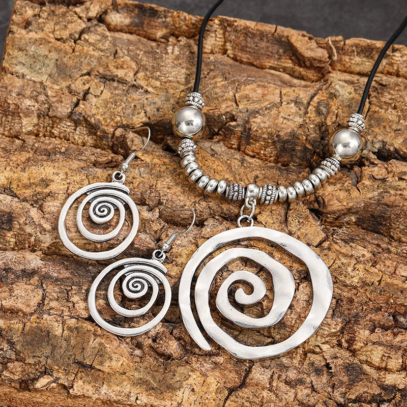 Bold Bohemian Style Alloy Spiral Pendant Necklace & Earrings - 3 Options