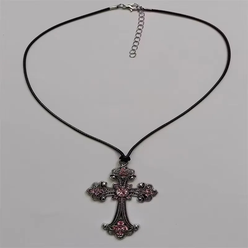 Large Goth Detailed Rhinestone Zinc Alloy Cross Rope Chain Choker