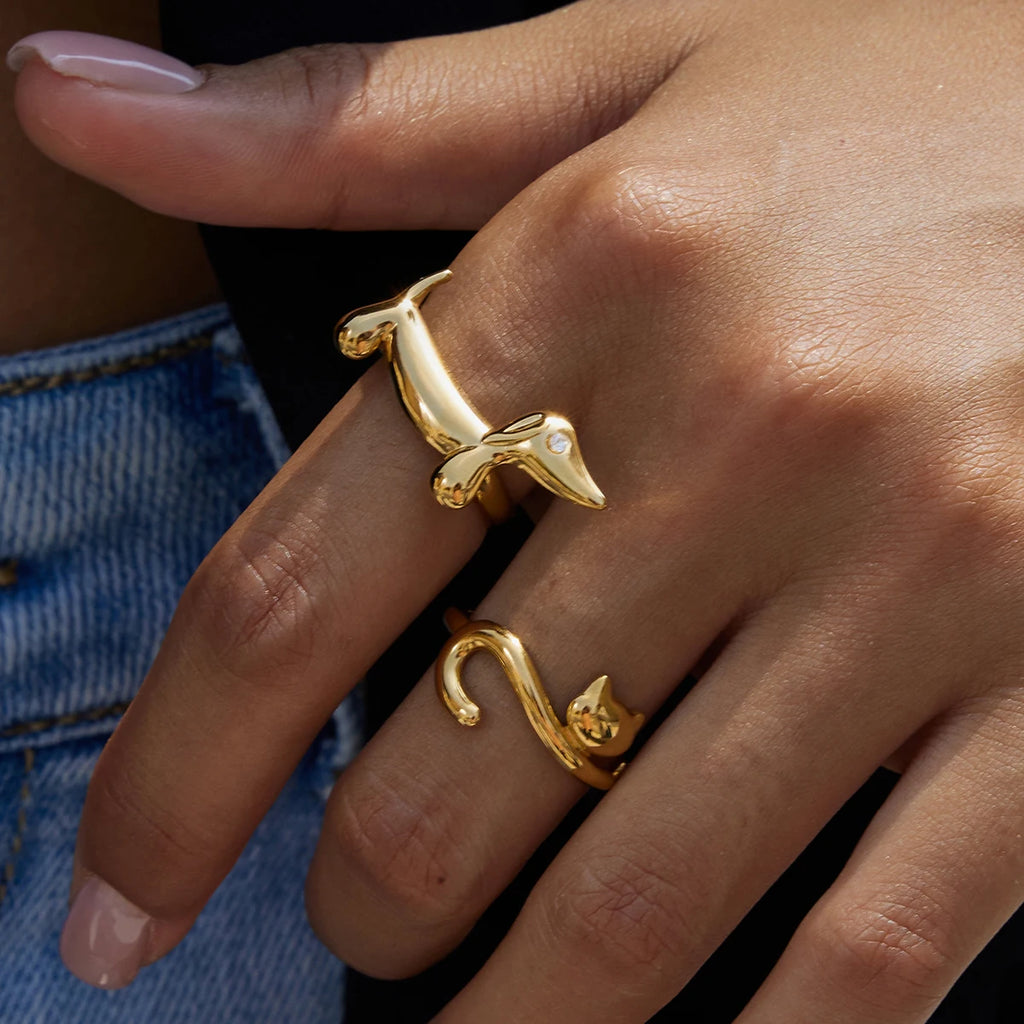 18K Gold-Plated or Platinum Plated Stainless-Steel Rhinestone Sausage Dog or Cat Ring, Adjustable