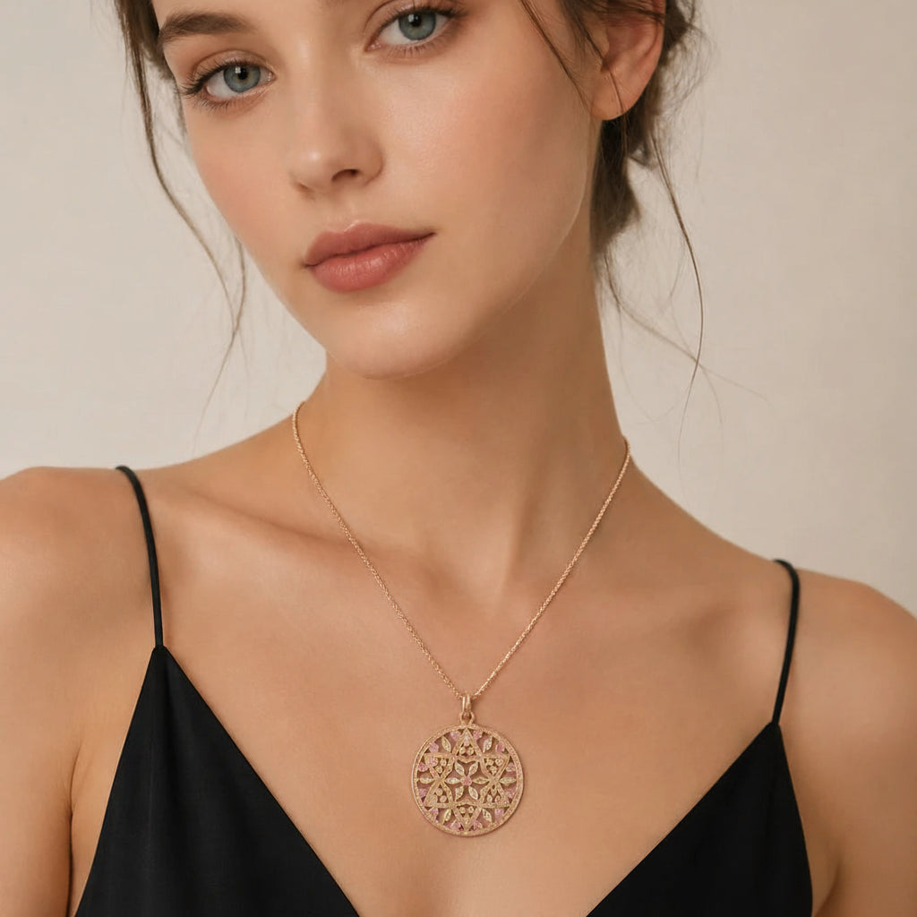 Large Flower Ornament Pendant in Rose Gold Plated 925 Sterling Silver with Sparkling Zircons