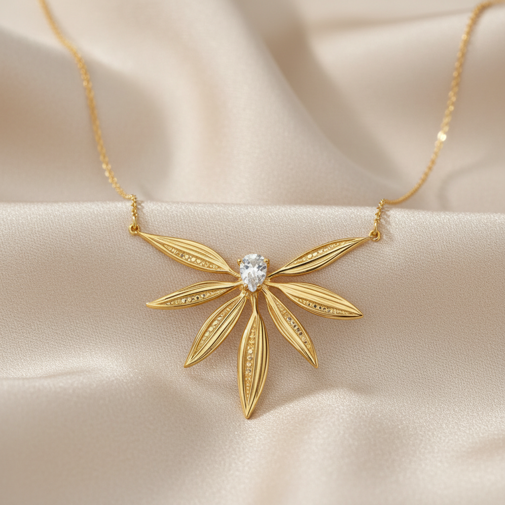 Gold Tone 925 Sterling Silver Leaf Pendant Necklace