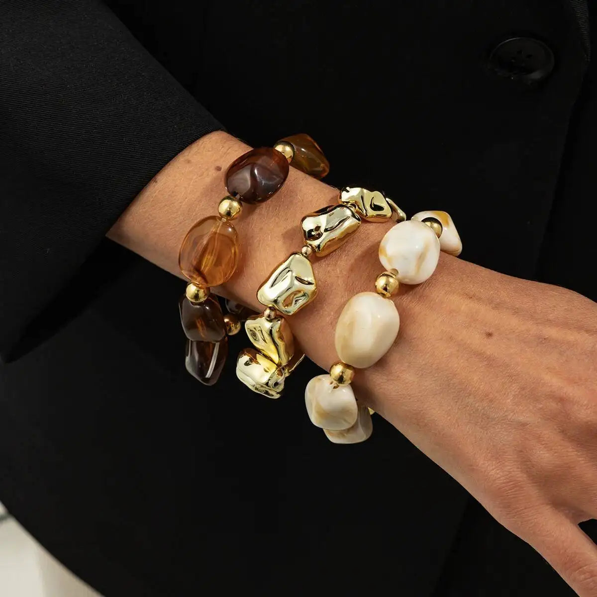 3 Pcs Set Acrylic Resin Copper Coated Bead Bracelets - Y2K Bohemian Uneven Various Forms