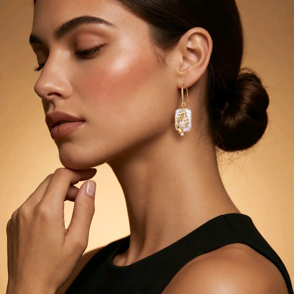 Gold Tone Copper Earrings with Faux Pearls & Zircons