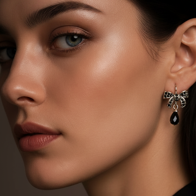 Bow Knot Black Drop Crystal Earrings in 925 Sterling Silver