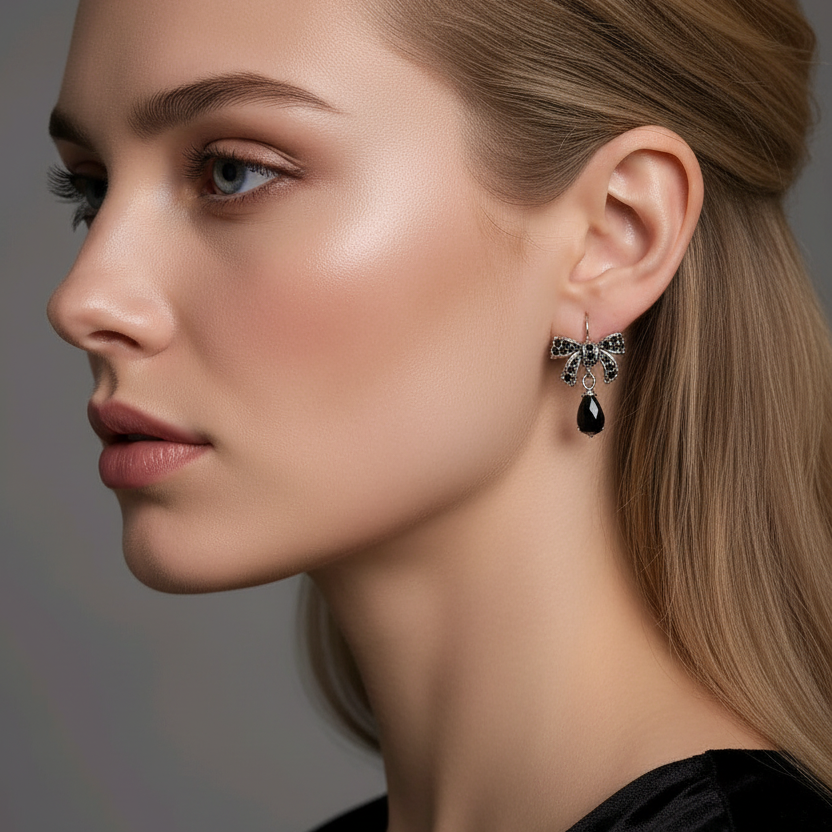 Bow Knot Black Drop Crystal Earrings in 925 Sterling Silver