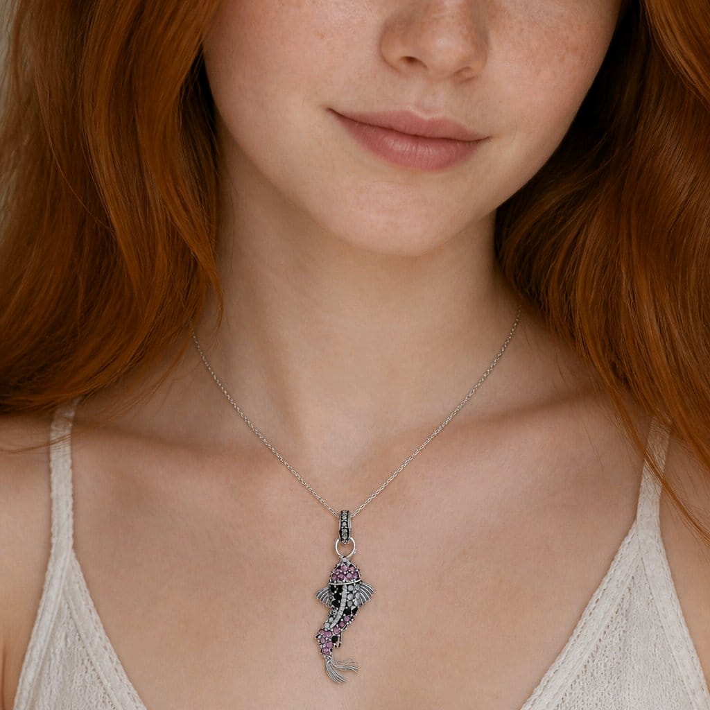 Red Koi Fish Pendant in Sterling Silver with Zircons