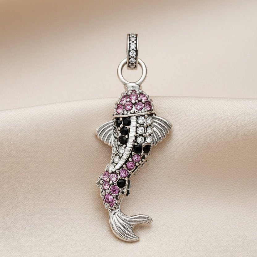 Red Koi Fish Pendant in Sterling Silver with Zircons