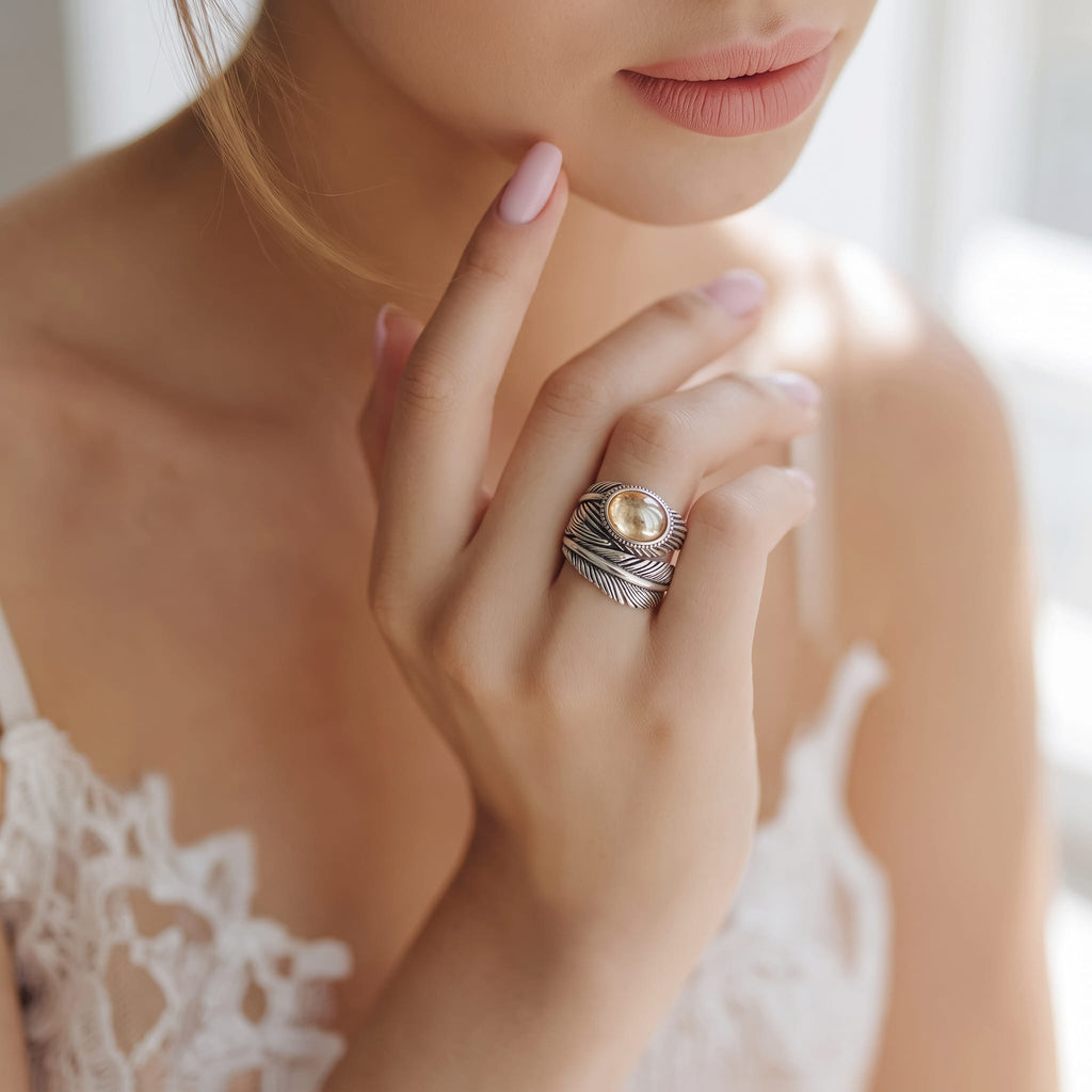 925 Sterling Silver Citrine Feather Adjustable Ring